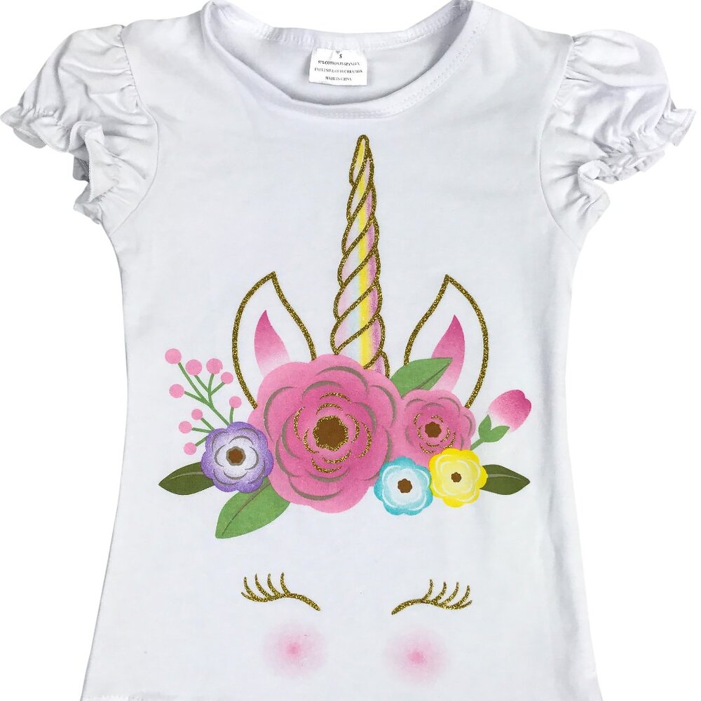 Little Girls Kids Unicorn Floral Ruffle Sleeve T-Shirt Tee Top Clothing School
